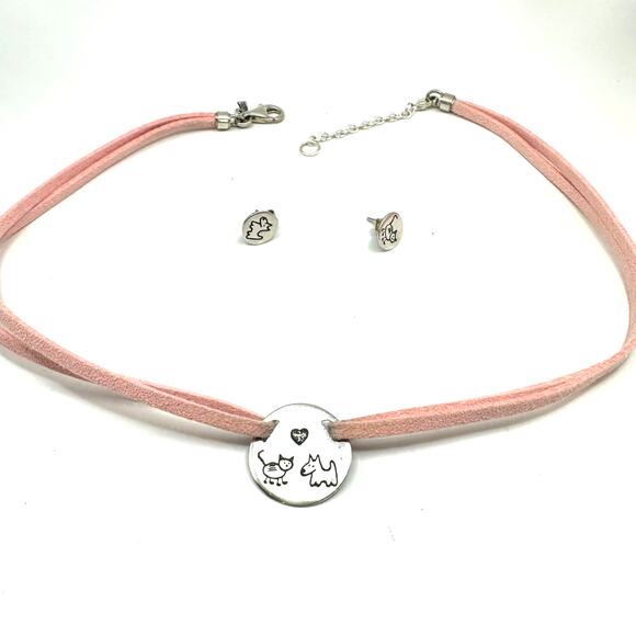 Silpada Israel Pink Cat Dog Sterling Silver Necklace Earring Set 925 Pet Jewelry - Picture 1 of 11